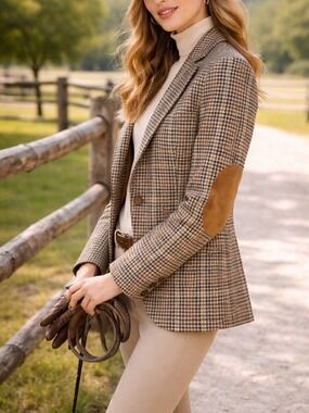 VTG Oaks London Brown Plaid Elbow Patch Wool Blazer Equestrian Preppy size small